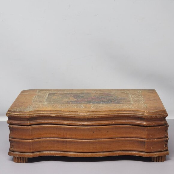 Vintage Wooden Dovetail Jewelry Box With Mirror & Floral Design - Picture 1 of 12